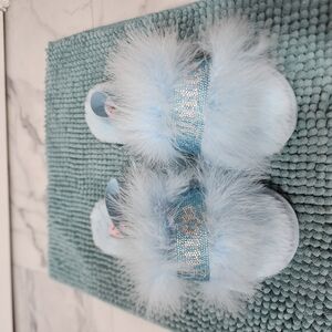 Light Blue Fur Slides with Rhinestone Band